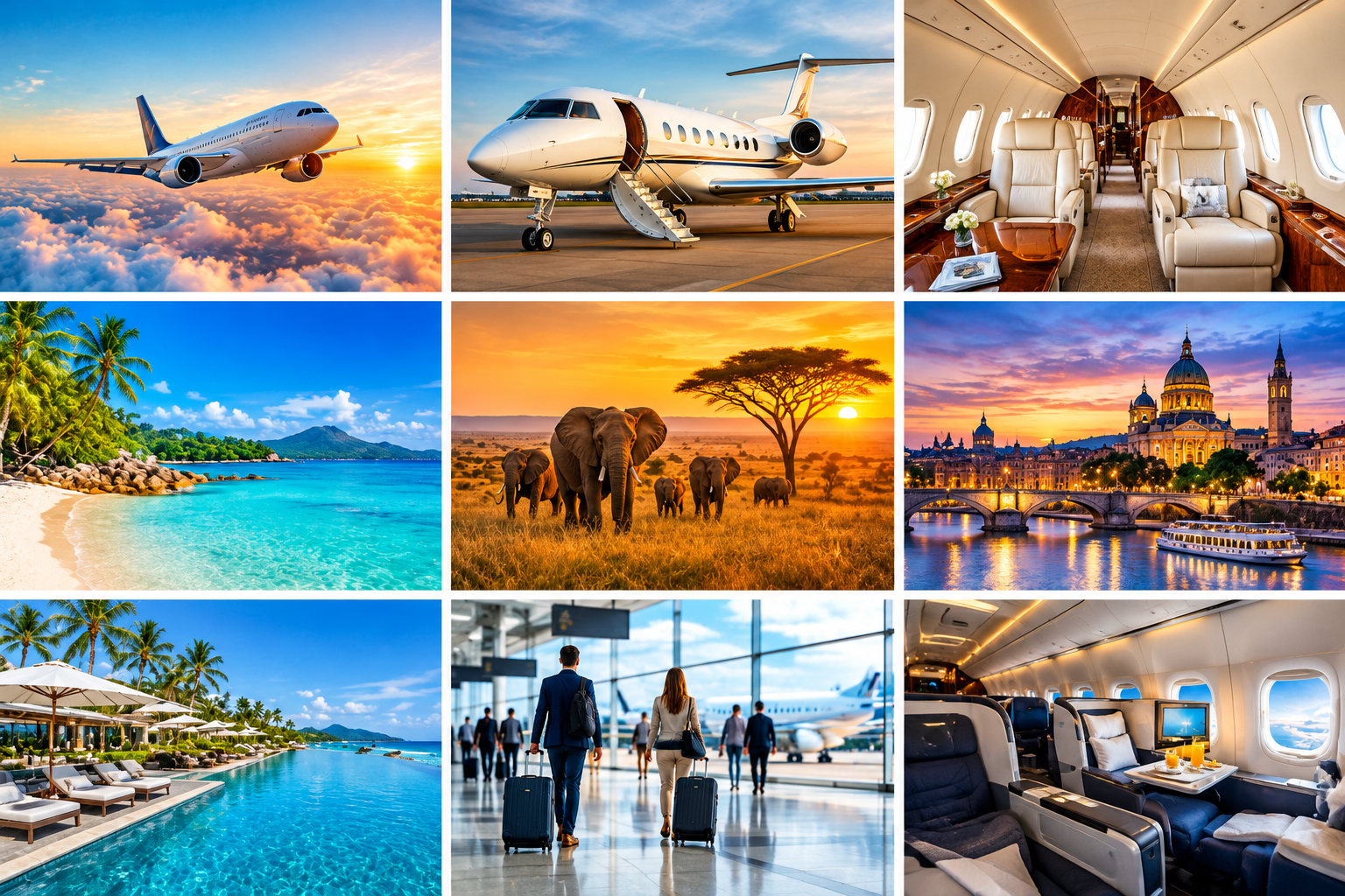 Air travel, private jet, beach, safari and international destinations